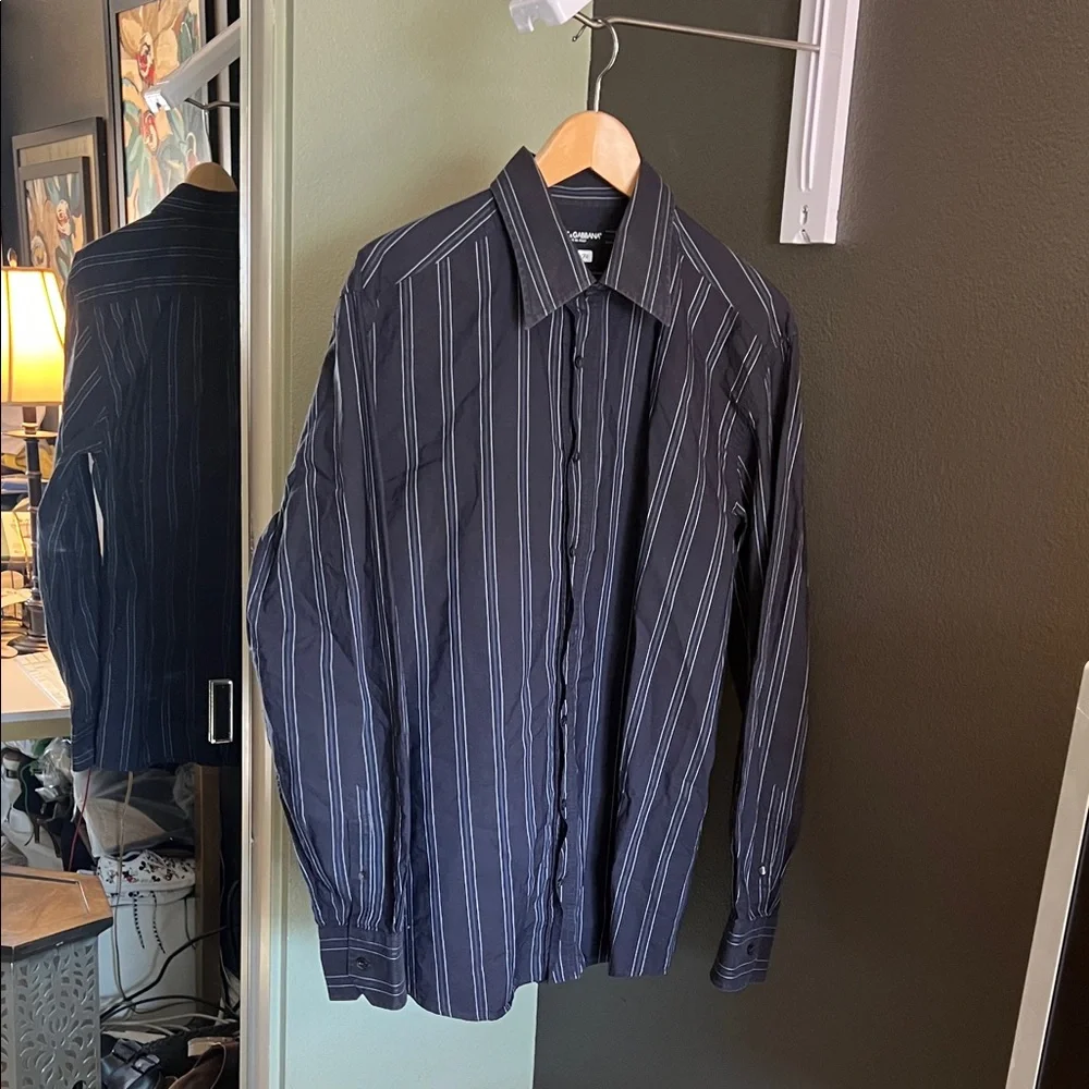 🛑 1 hour sale. Dolce & Gabbana, neck 17.5 (EU 44), Navy Striped Dress Shirt - Picture 2 of 9